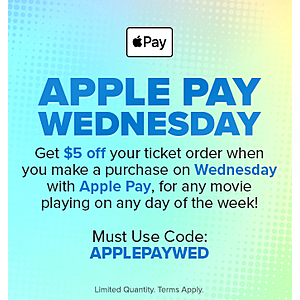 Fandango Movie Ticket Offer: Any Movie Ticket w/ Apple Pay Checkout $5 Off (Valid Every Wednesday thru 8/19)