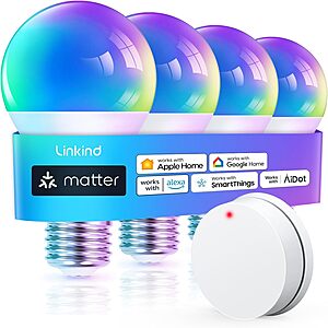 4-Pk Linkind Matter WiFi Smart RGBTW LED Light Bulbs w/ Remote $17