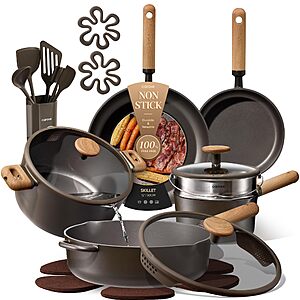 $43 AMZ PRIME ONLY  CAROTE Pots and Pans Set Non Stick, 21PCS  with Strainer Lid, Permanent Handles, Induction Cooking Set with Kitchen Utensils, Dark Green