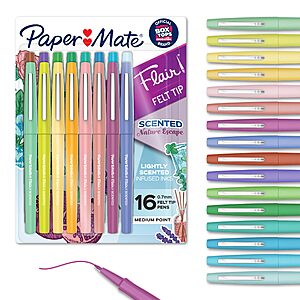 [Prime]$9.47 | 16 Count Paper Mate Flair Nature Escape Scented Felt Tip Pens, Medium Point (0.7mm), Assorted Colors at Amazon