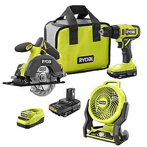 $136: RYOBI ONE+ 18V Cordless 2-Tool Combo Kit with (2) 1.5 Ah Batteries, Charger, and ONE+ Hybrid WHISPER SERIES 7-1/2 in. Fan at HomeDepot