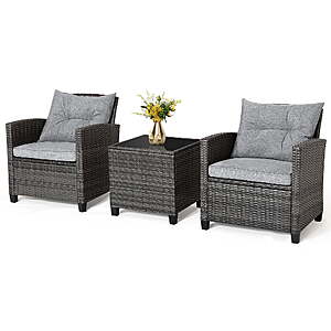 Gymax 3-Piece Patio Rattan Sofa Set with Glass Table (Gray)