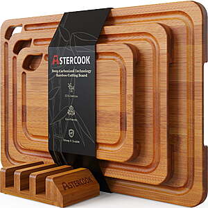 $22.99: 4-Pc Astercook Bamboo Wood Cutting Board Set w/ Juice Groove, Handles & Stand at Walmart.com