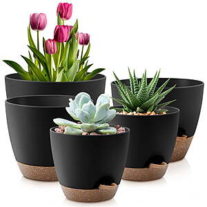 $13.99 | 5-Pack Foukus Self-Watering Plant Pots w/ Drainage (7", 6.5", 6", 5.5" & 5") Black/White at Walmart.com