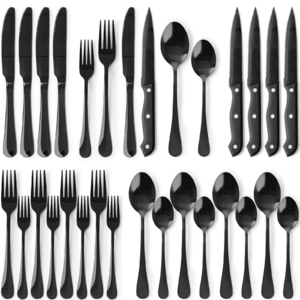 Astercook 25-Piece Stainless Steel Flatware Set with Steak Knives (Black)