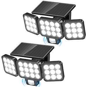 (2-Pack) WdtPro Solar Lights Outdoor Flood Light, 3500LM, 3 Heads & Upgrade Glass Panel $17.93