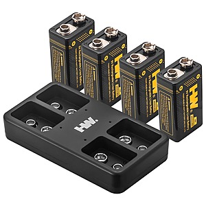 Prime Members: 4-Pack HW 3600mWh Rechargeable 9 Volt Battery w/ Charger (Over 1000 charges / Quick Charging in 2.5 hours) $14.29 + Free Shipping
