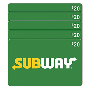 Costco Members $80:  5-Pack $20 Subway eGift Cards ($100 Total) (Email Delivery)