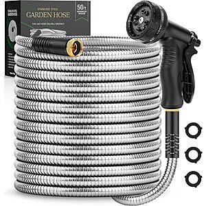 Prime Members: 50' Itsonestep Stainless Steel Garden Hose w/ 10-Function Nozzle $18.59 + Free Shipping