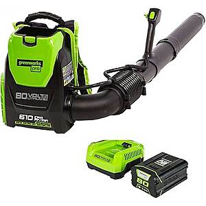 Greenworks 80V (180 MPH / 610 CFM / 75+ Compatible Tools) Cordless Brushless Backpack Blower, 2.5Ah Battery and Rapid Charger Included, Green/Black $262.99