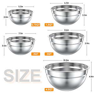 $16 FS WALMART+ or at $35 by TINANA Mixing Bowls Set, 5 PCS Stainless Steel Mixing Bowls, Metal Nesting Storage Bowls for Kitchen, Size 4.5, 3, 2, 1.5, 0.75 QT,