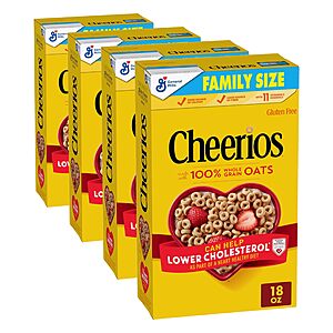 Cheerios Cereal, Limited Edition Heart Shapes, Affirmations Box, Heart Healthy, Gluten Free, Family Size, 18 oz (Pack of 4)~$11.36 With S&S @ Amazon