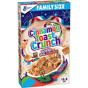 Cinnamon Toast Crunch Breakfast Cereal, Crispy Cinnamon Cereal, Family Size, 18.8 oz~$2.84 With S&S @ Amazon