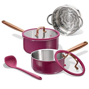 $20 PRIME ONLY DEAL AMZ CAROTE 1.5Qt & 3.0Qt Stainless Steel Saucepan Set with Steamer & Ladle, Permanent Handles, Non-Toxic 3-Ply Stainless Steel Pot with Lids