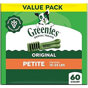[SnS, AC] $22.14 | 36-Oz Greenies Original Dental Care Dog Treats (60-Ct Petite) at Amazon