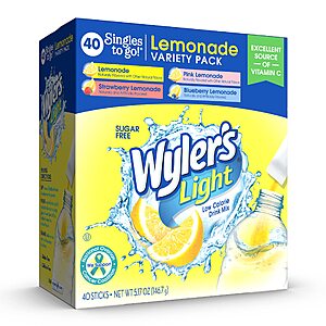 $3.11 S&S AMAZON Wyler's Light Lemonade Variety Pack, 40 ct Singles to Go Sugar Free Powder Packets, Water Drink Mix, Variety Pack, Pink, Strawberry & Blueberry Lemonade,