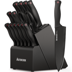 $33.99: Astercook Kitchen Knife Set, 14 Pcs Knives Block Set with Built-in Sharpener, German Stainless Steel Knife Set, Black