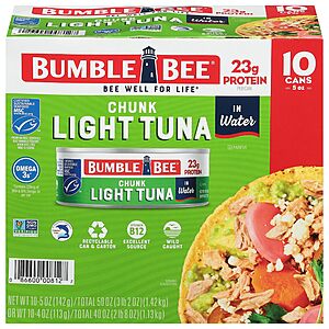 Bumble Bee Chunk Light Tuna In Water, 5 oz Cans (Pack of 10) - Wild Caught~$6.67 After Coupon & S&S @ Amazon