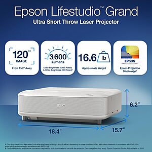Epson Lifestudio Grand Ultra Short Throw Laser Projector 4K PRO-UHD, 3,600 Lumens of Color and White Brightness, Black or White $1999.99