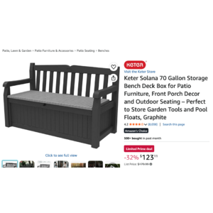 Keter Solana Outdoor Seating 70 Gallon Resin Deck Box, Grey $123.11