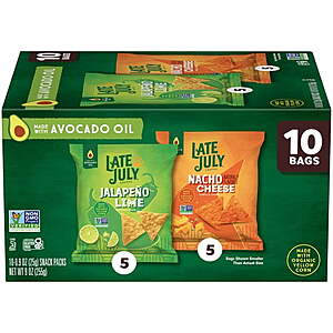 LATE JULY Snacks Variety Pack Tortilla Chips, 0.9 oz 10 Count Snack Bags, $5, Walmart