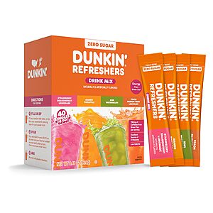 Dunkin’ Zero Sugar Refreshers Singles To Go! Powdered Drink Mix, 40 Ct Variety Pack, Energy from Green Tea, Aspartame-Free, Just Add Water
