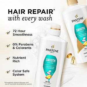 [S&S] Pantene Shampoo & Conditioner Set, Smooth and Sleek - Frizz Control with Antioxidants 52.8 Oz Total + Miracle Rescue Shot (0.5 Oz) $14.62