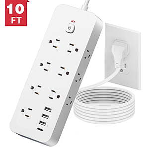 Meromore 1875J Surge Power Strip w/ 13x AC Outlets, 4x USB & 10' Cord (Black or White) $14.15 + Free S&H w/ Walmart+ or on $35+