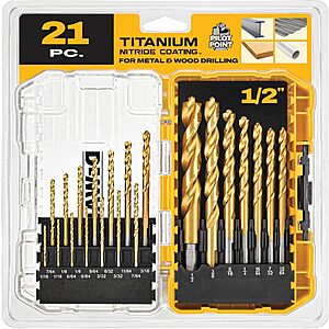[Prime] DEWALT 21-Piece Titanium Nitride Coated Pilot Point Drill Bit Set w/ Case (DW1361) $22.98 + Free Shipping