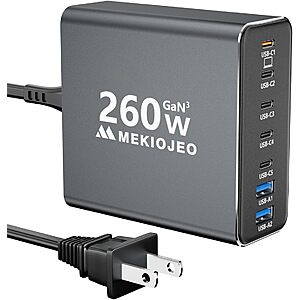 [Prime] MEKIOJEO 7-Port up to 260W GaN 3 USB-C Wall Charger (Gray) $19.99 + Free Shipping