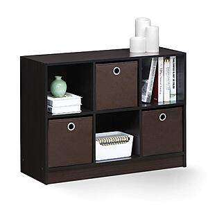 Furinno BASIC Book Shelf, 6-Cube Bookshelf with Bins, Dark Walnut - $24.22