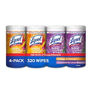 Prime: 4-Pack 80-Count Lysol Disinfectant Wipes Bundle (Mango + Lavender) $11.38 w/ S&S + Free Shipping