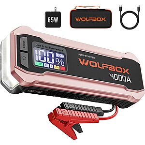 (prime) WOLFBOX 4000A Jump Starter w/ 65W Quick Charger (Pink) $60 + Free S/H