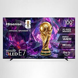 Hisense 100" E7 Cinema Series Hi-QLED Mini-LED 4K UHD Smart Fire TV - Native 144Hz, AI Picture, Dolby Vision IQ · Atmos, FALD, HDR10+ Adaptive, MEMC, Alexa+ $1699.99