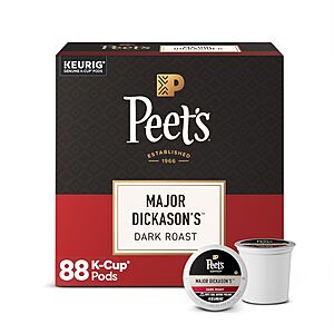 $36.84 S&S PRIME DAY Peet's Coffee, Dark Roast Keurig K-Cup Pods, 100% Arabica Coffee - Major Dickason's Blend 88 Count (4 Boxes of 22 K-Cup Pods)