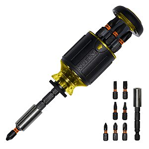Prime, Klein Tools 32308 Multi-bit Stubby Screwdriver, Impact Rated 8-in-1 Adjustable Magnetic Tool with Phillips, Slotted, Square and Nut Driver, $13.70