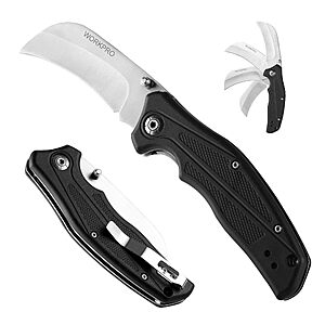 $8 PRIME DAY WORKPRO Pocket Knife, Hawkbill Folding Utility Knife with Lanyard Hole and Belt Clip, Electrician Knife for Cable Skinning and Carpet,