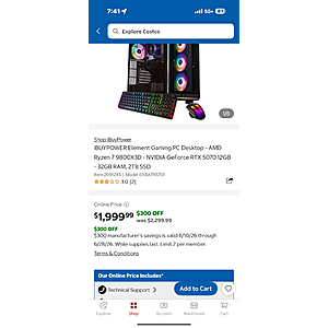 iBUYPOWER Element Gaming PC Desktop - AMD Ryzen 7 9800X3D - NVIDIA GeForce RTX 5070 12GB - 32GB RAM, 2TB SSD $1999.99