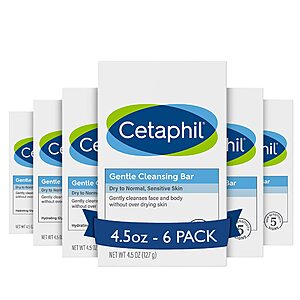PRIME Cetaphil Gentle Cleansing Face and Body Bar, 4.5 oz Bar (Pack of 6), Nourishing Cleanser Bar For Dry, Sensitive Skin, Non-Comedogenic, (Packaging May Vary) $13.76
