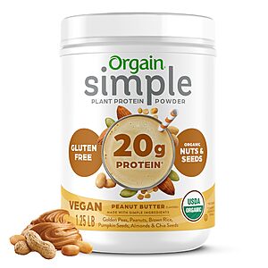 Orgain Organic Simple Plant Protein Powder 1.25 lb (Peanut Butter or Chocolate) with S&S $17.20