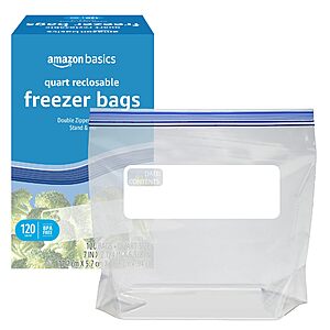 120-Count Amazon Basics Zippered Stand & Fill Freezer Quart Bags $5.66 with S&S