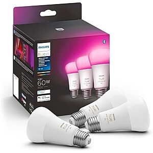 [Resale, AC] $59.14 | 3-Pack Philips Hue White & Color 60W A19 E26 LED Smart Bulbs + 10% Back w/ Prime Visa Card (Used - Like New) at Amazon