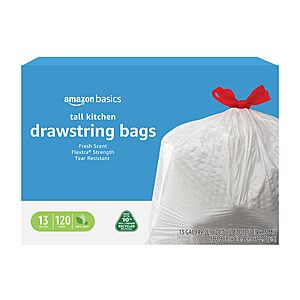 [S&S] $11.16: Amazon Basics 13 Gallon Tall Kitchen Drawstring Trash Bags, 0.9 mil, 120 Count