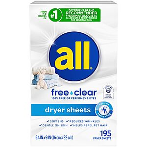 PRIME ONLY $6.16 S&S all free clear Fabric Softener Dryer Sheets for Sensitive Skin, 195 Count,