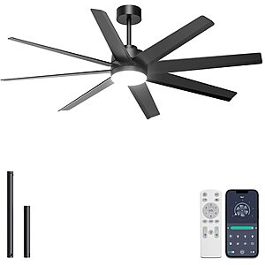 Prime Members: Ohniyou 60" Ceiling Fan with Light - Modern Black 8 Blades Ceiling Fan Remote/APP Control $78.35