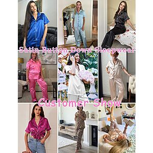 Ekouaer Womens Silky Satin Pajamas Set Short Sleeve Button Down Sleepwear 2 Piece Lounge Set Pj Set Baseball X-Large $11.99