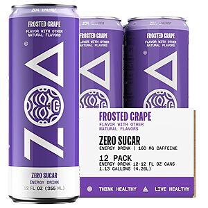 [S&S] $15.74: ZOA Zero Sugar Energy Drinks, Frosted Grape, 12 Ounce Cans (Pack of 12)