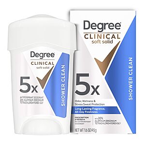 Degree Clinical Strength Antiperspirant Deodorant Shower Clean Soft Solid 96-Hour Sweat and Odor Protection $5.99