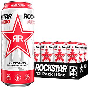 [S&S] $16.07: Rockstar Pure Zero Energy Drink, Fruit Punch, 0 Sugar, 16oz Cans (12 Pack)
