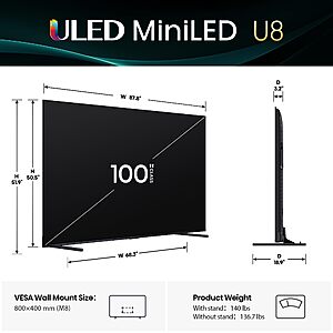 Hisense 100" U8 Series ULED Mini-LED 4K UHD Smart Google TV (100U8QG) - QLED, Native 165Hz, VRR 288, Up to LD5600, 5000 Nits, HDR10+, Dolby Vision IQ  $2220.27